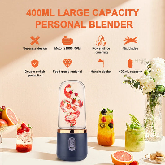 400ml Portable Blender Cup Bottle USB Rechargeable 6 Blades Fruit Mixer Mini Hand Juicer Blender Smoothie