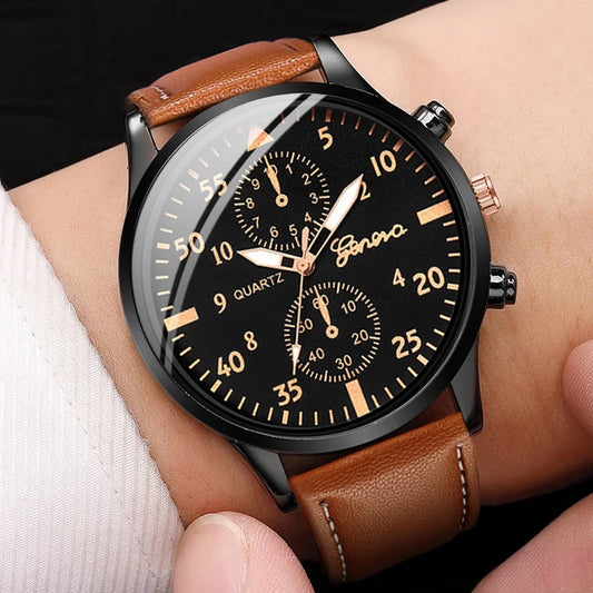 5PCS/4PCS Fashion Casual Men's Leather Strap Quartz Watch with Bracelet Set(Box not Included)