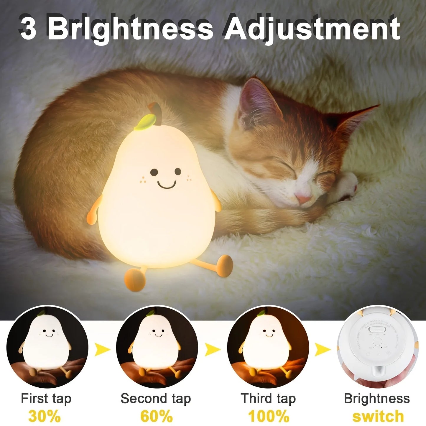 1pc Cute Pear Night Light 7-Color Dimmable Touch-Controlled Night Light Silicone Stress Reducing Pat Lamp USB Rechargeable