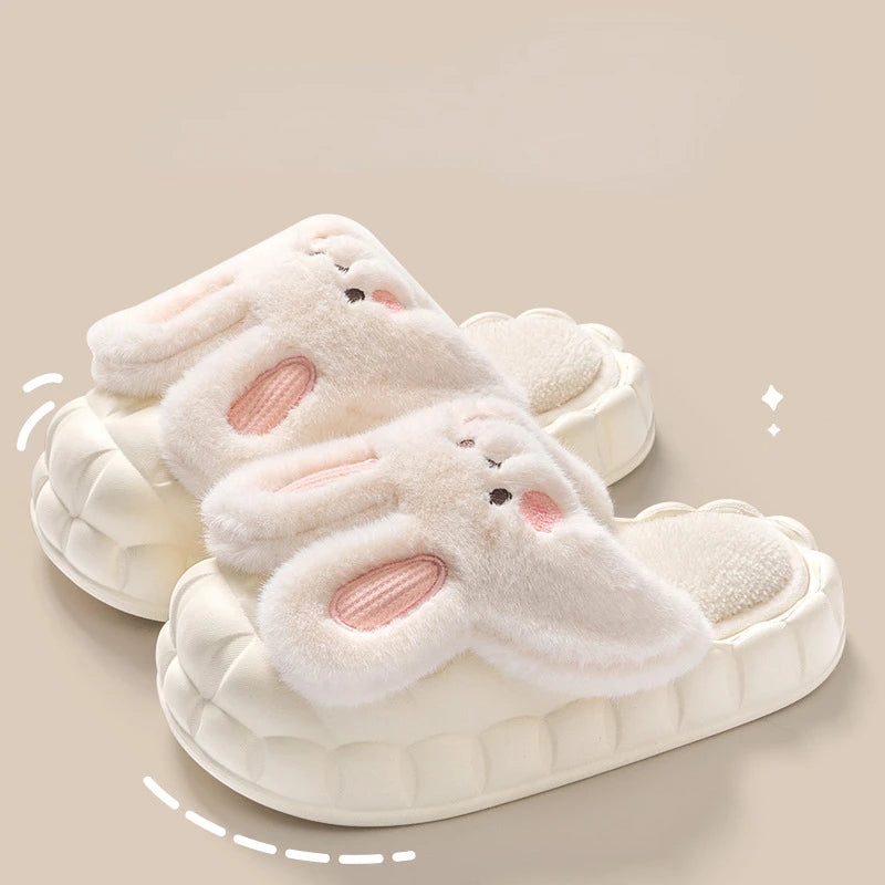Mo Dou 2022 Winter Warm Women Slippers Waterproof Vamp Cute Rabbit Bear Decoration Indoor Outdoor Shoes Soft Plush Men Slippers