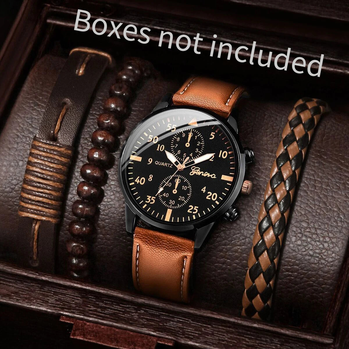 5PCS/4PCS Fashion Casual Men's Leather Strap Quartz Watch with Bracelet Set(Box not Included)