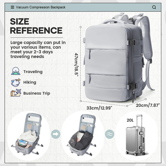 Large Vacuum Travel Backpack with Pump for Women Men, Personal Effects Carry-on Luggage Backpack 47x33x20cm, Laptop School Bag