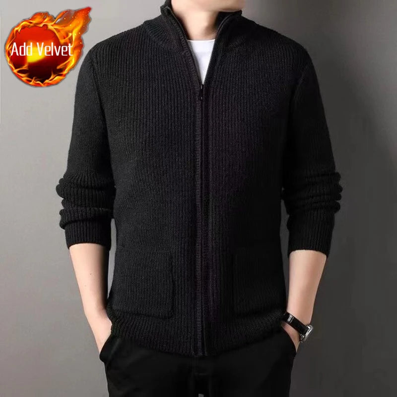 Men's Premium Knit Zip-Up Sweater - Thickened Warm Long Sleeve Pullover with Stand Collar, Autumn Winter Casual Outerwear