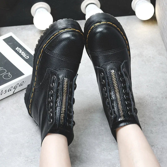 Women Boots Genuine Leather Platform Boots Motorcycle Shoes Front Zipper Optical Soles Fashion Sexy Punk Men Winter Boots 35-44