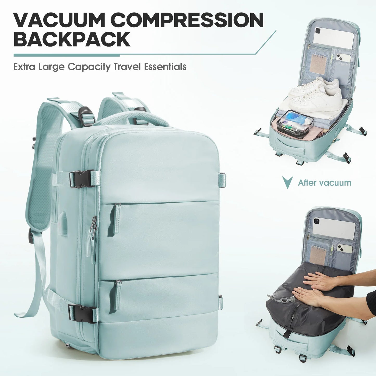 Large Vacuum Travel Backpack with Pump for Women Men, Personal Effects Carry-on Luggage Backpack 47x33x20cm, Laptop School Bag