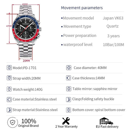 PAGANI DESIGN 2025 New 1701 Mens Watches Luxury Sapphire Bezel Moon Quartz Watch For Men Sport Chronograph Waterproof Wristwatch