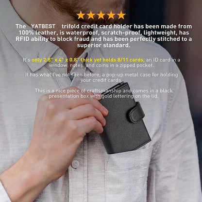 YATBEST Card Holder Wallet  Slim Minimalist Pop Up Leather Men Wallets RFID Blocking Metal Bank Card Case with Coins Pocket