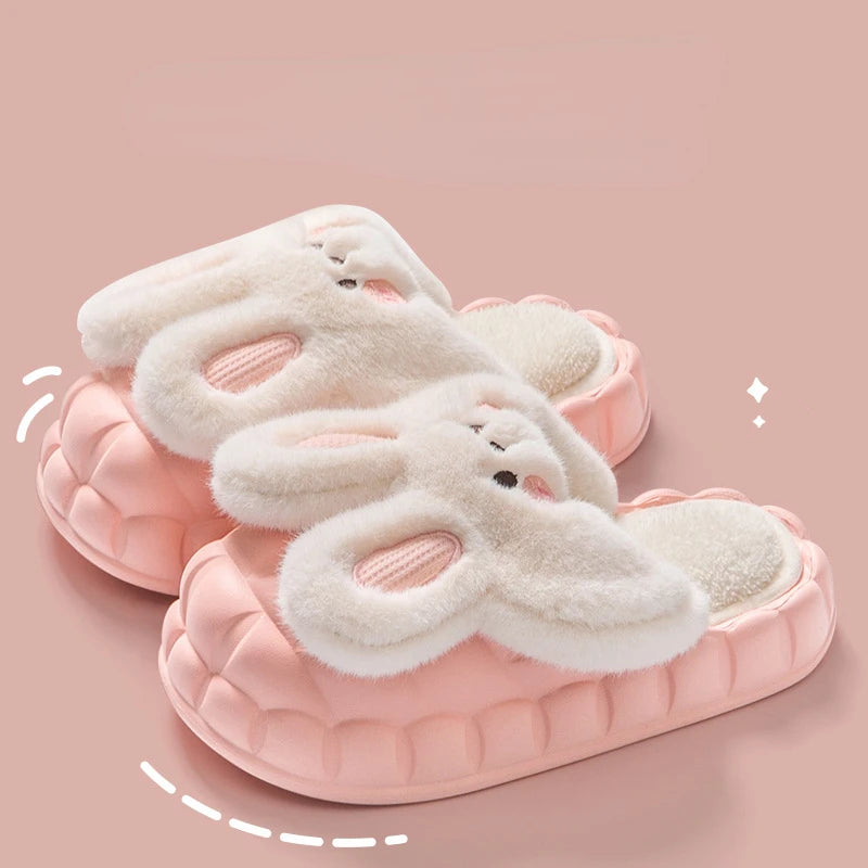 Mo Dou 2022 Winter Warm Women Slippers Waterproof Vamp Cute Rabbit Bear Decoration Indoor Outdoor Shoes Soft Plush Men Slippers