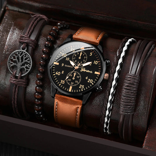 5PCS/4PCS Fashion Casual Men's Leather Strap Quartz Watch with Bracelet Set（Box not Included）