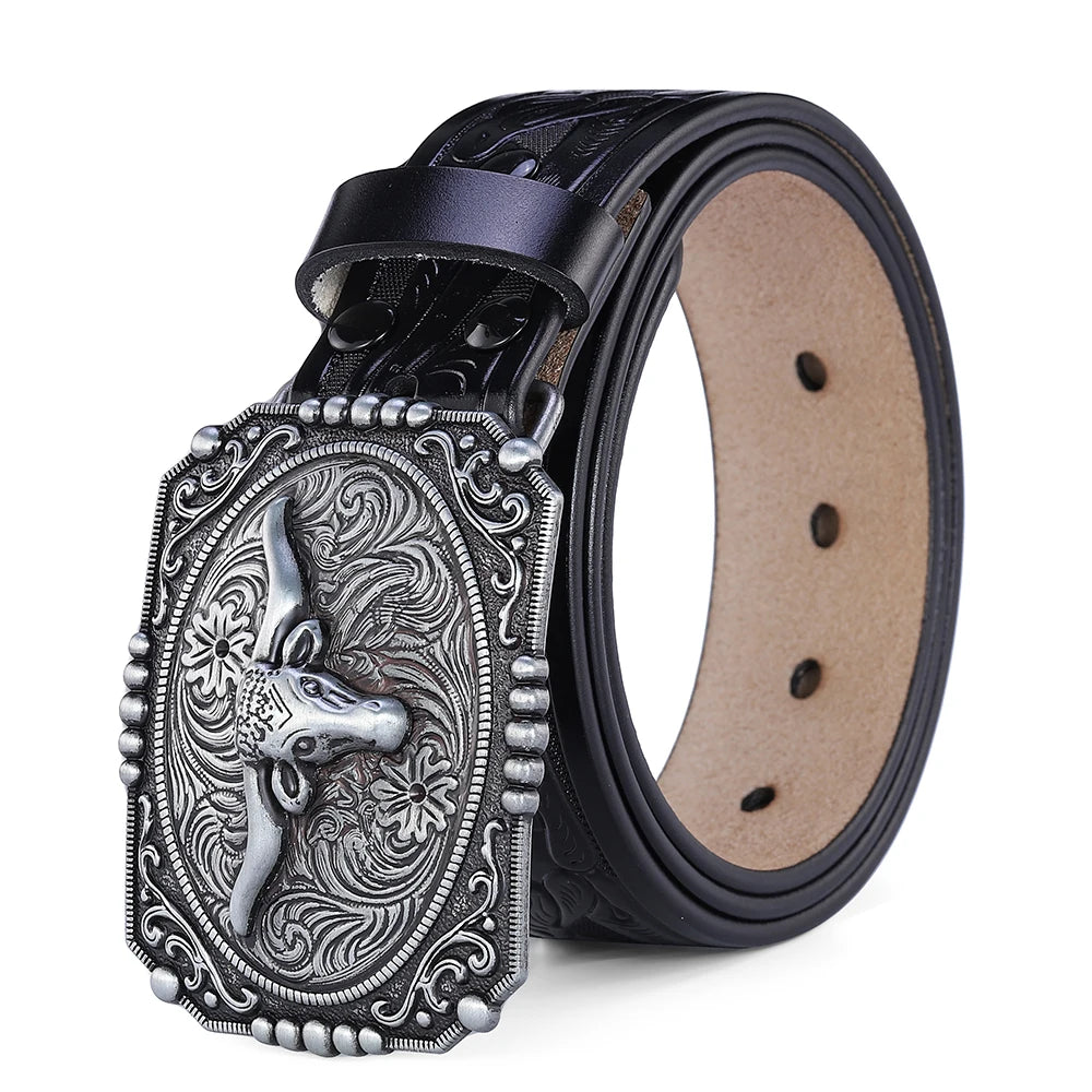 Western Leather Belt for Men & Women – Genuine Leather Cowboy/Cowgirl Belt with Big Letter Buckle, Gold | Black & Brown
