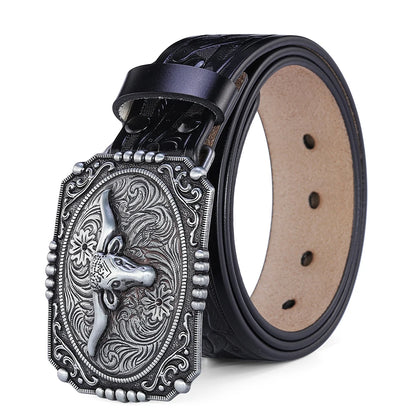 Western Leather Belt for Men & Women – Genuine Leather Cowboy/Cowgirl Belt with Big Letter Buckle, Gold | Black & Brown