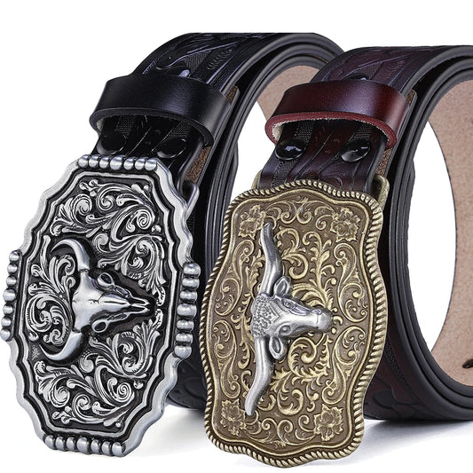 Western Leather Belt for Men & Women – Genuine Leather Cowboy/Cowgirl Belt with Big Letter Buckle, Gold | Black & Brown