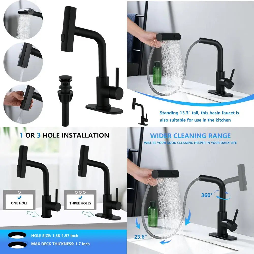 Modern Single Handle Pull Down Sprayer Bathroom Faucet with 3 Modes and Pop-Up Drain, Deck-Mounted Sink Mixer for Contemporary S