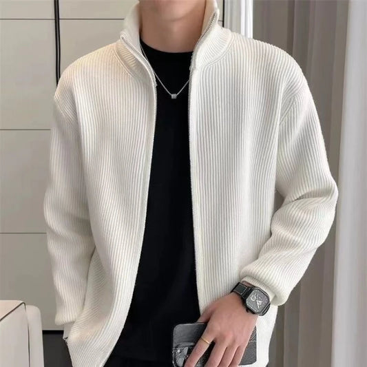 Men's Premium Knit Zip-Up Sweater - Thickened Warm Long Sleeve Pullover with Stand Collar, Autumn Winter Casual Outerwear