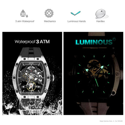 MEGIR 2242 Blue Automatic Watch for Men Sport Waterproof Stainless Steel Mechanical Wristwatch with Silicone Strap Skeleton Dial