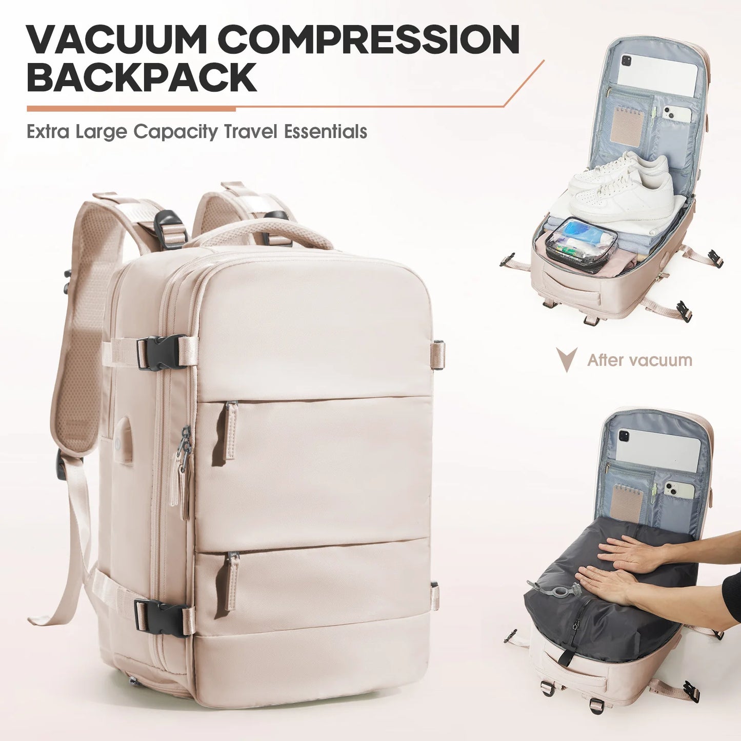 Large Vacuum Travel Backpack with Pump for Women Men, Personal Effects Carry-on Luggage Backpack 47x33x20cm,   Laptop School Bag