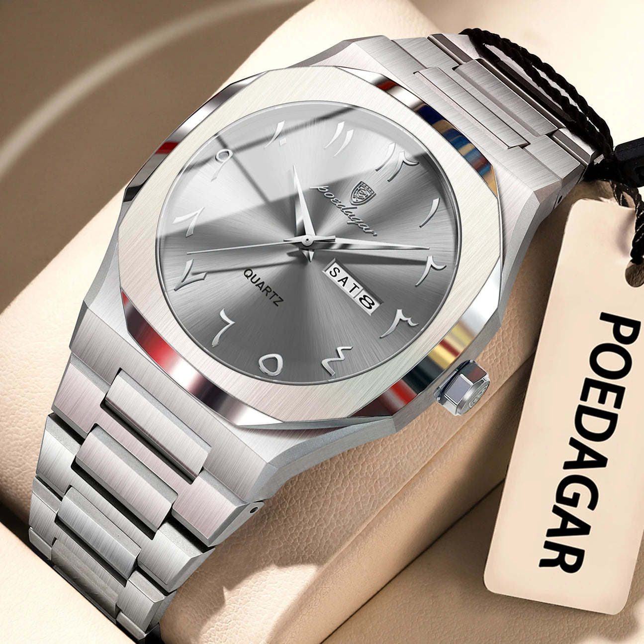 POEDAGAR Fashion High Quality Men Clock Date Week Waterproof Watch For Man Quartz Stainless Steel Luxury Men's Watches Reloj+Box