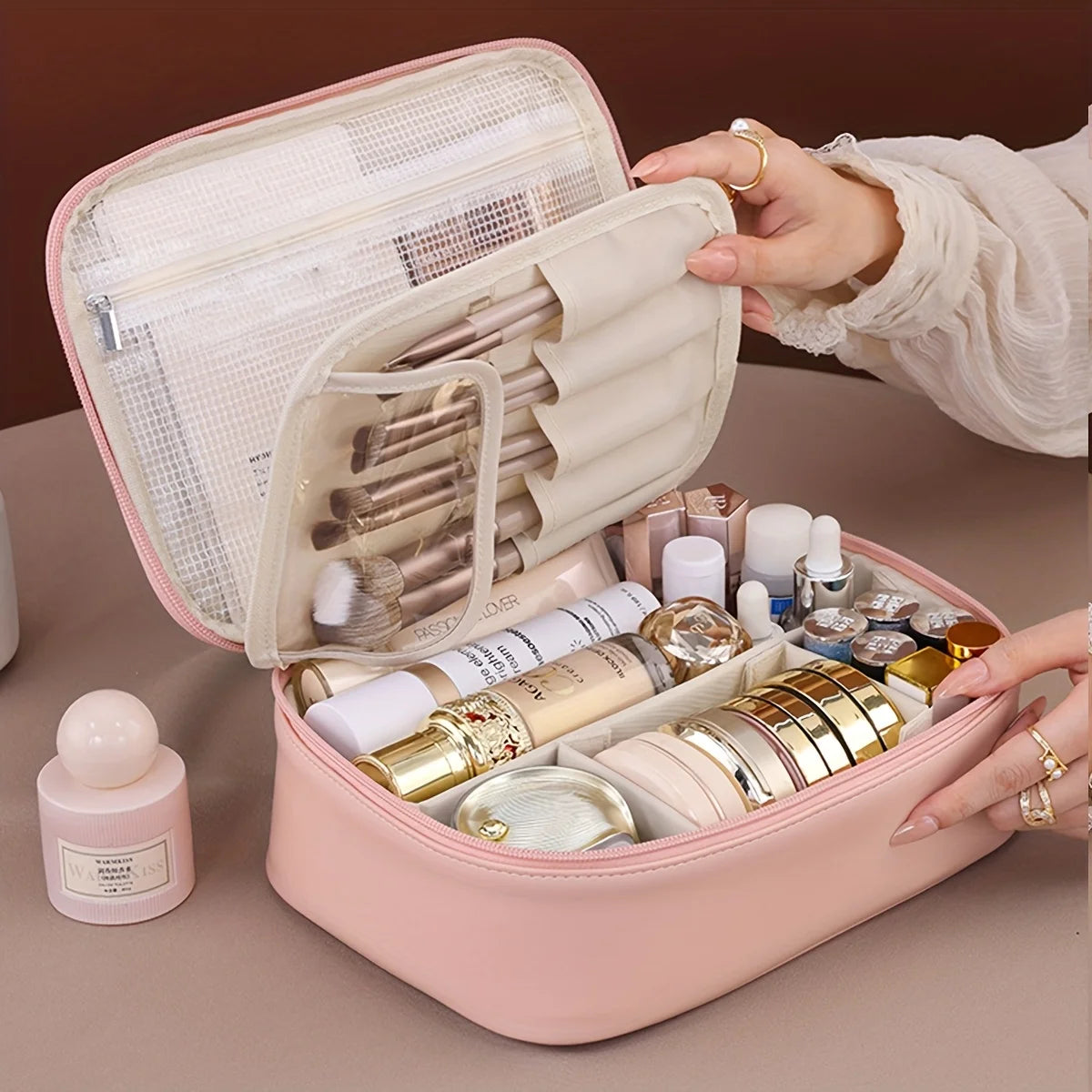 PU Leather Double Layer Makeup Bag Large Capacity Cosmetic Bags Luxury Cosmetics Organizer Women's Travel Essentials