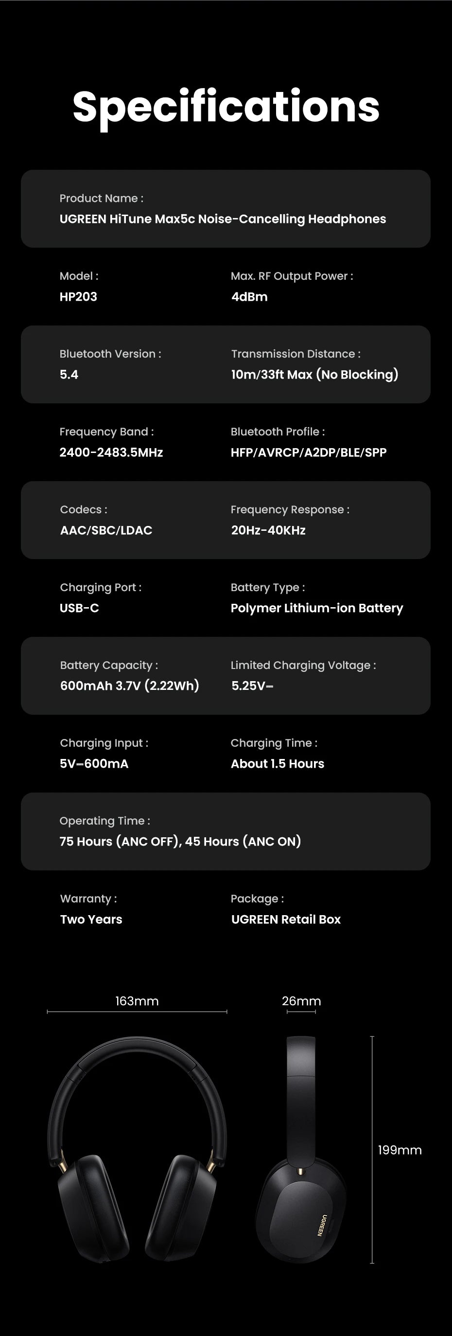 UGREEN Max5c Wireless Bluetooth Headphones 43dB Hybrid Active Noise Cancellation Hi-Res LDAC 75H Spatial Audio Earbuds Headset