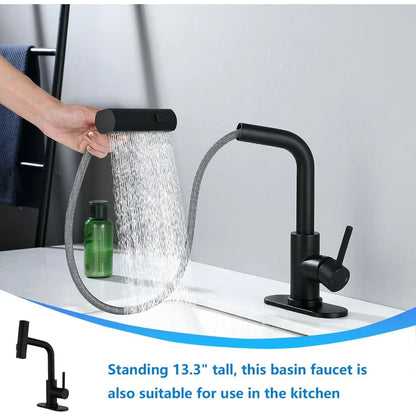 Modern Single Handle Pull Down Sprayer Bathroom Faucet with 3 Modes and Pop-Up Drain, Deck-Mounted Sink Mixer for Contemporary S