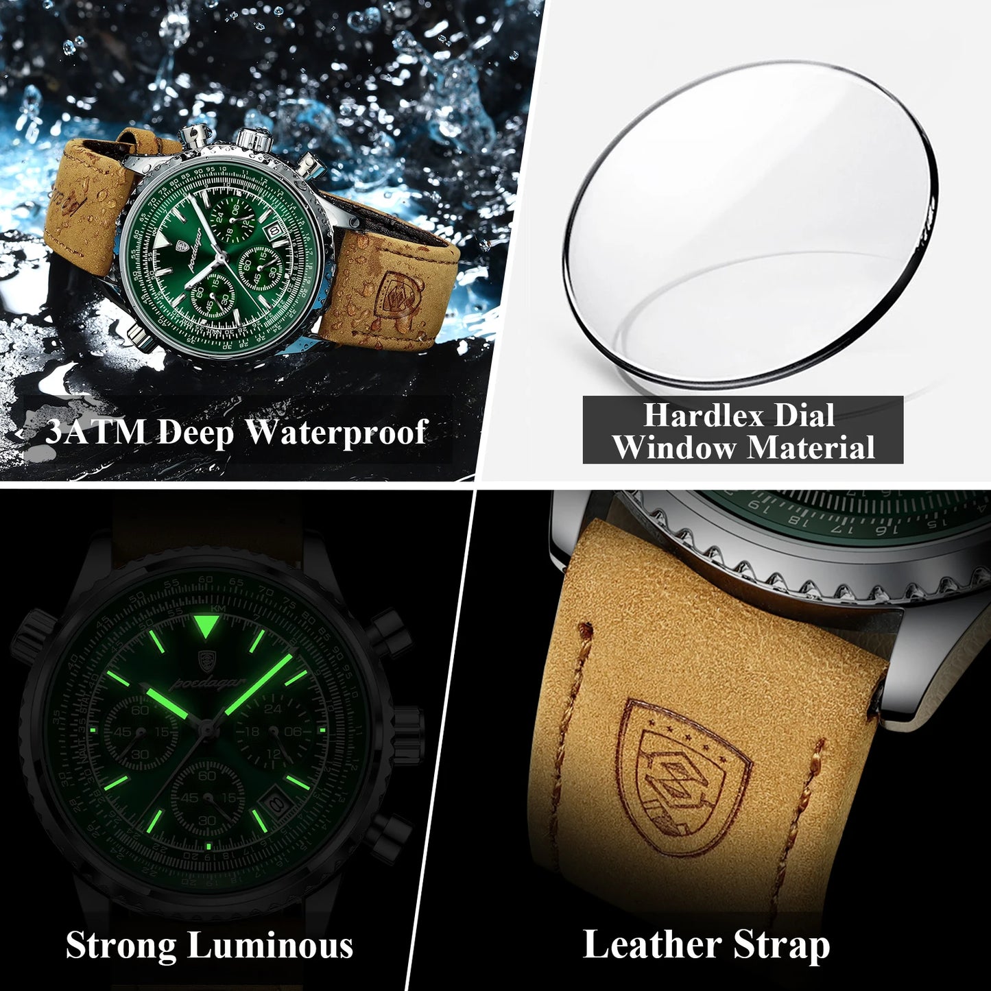 POEDAGAR Luxury Business Men's Watch Waterproof Luminous Date Chronograph Leather Man Clock Fashion Quartz Watches For Men Reloj