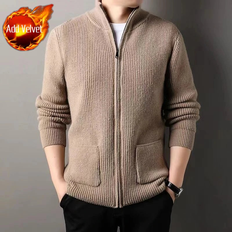 Men's Premium Knit Zip-Up Sweater - Thickened Warm Long Sleeve Pullover with Stand Collar, Autumn Winter Casual Outerwear