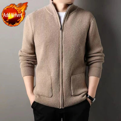 Men's Premium Knit Zip-Up Sweater - Thickened Warm Long Sleeve Pullover with Stand Collar, Autumn Winter Casual Outerwear