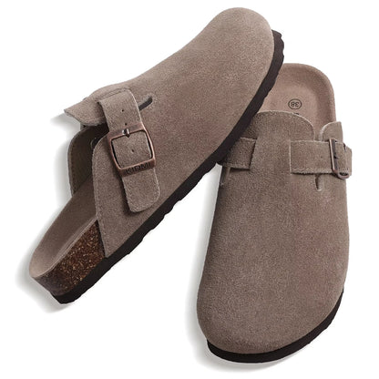 Comwarm Fashion Men's Suede Mules Slippers New Women Clogs Cork Insole Sandals With Arch Support Outdoor Beach Slides Home Shoes