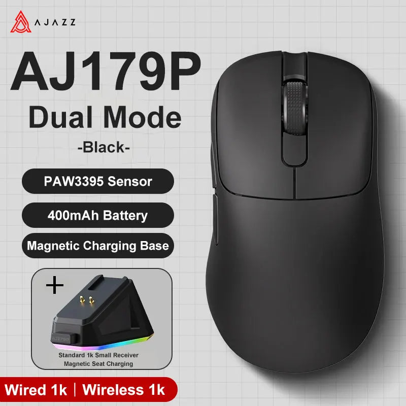 AJAZZ AJ179 PRO PAW3395 Lightweight Wired Wireless Mouse with Magnetic Charging Base Ergonomic Macro Gaming Mouse for PC Laptop