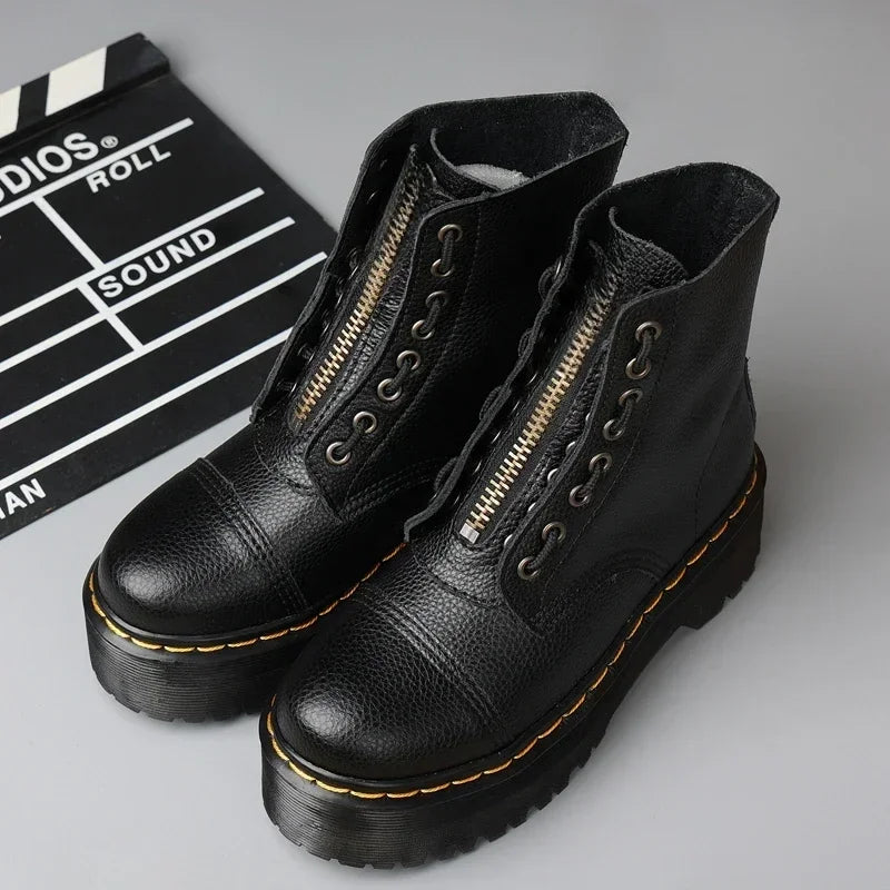 Women Boots Genuine Leather Platform Boots Motorcycle Shoes Front Zipper Optical Soles Fashion Sexy Punk Men Winter Boots 35-44