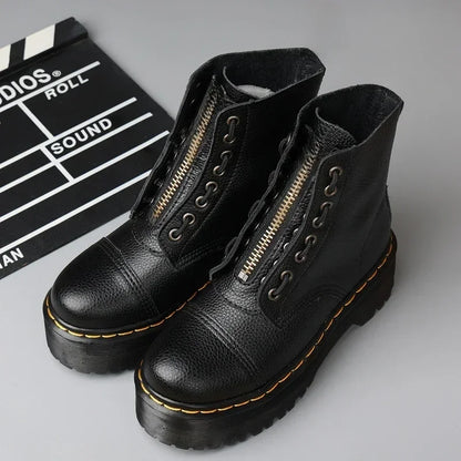 Women Boots Genuine Leather Platform Boots Motorcycle Shoes Front Zipper Optical Soles Fashion Sexy Punk Men Winter Boots 35-44
