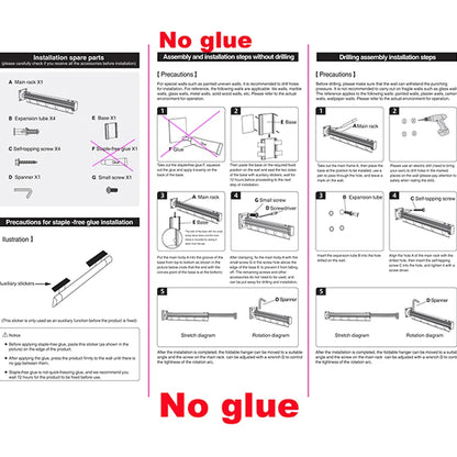 Wall Mount Folding Clothes Drying Rack With Retractable Extension Pole Reusable 3-Fold Clothes Drying Rack Home Space Saver