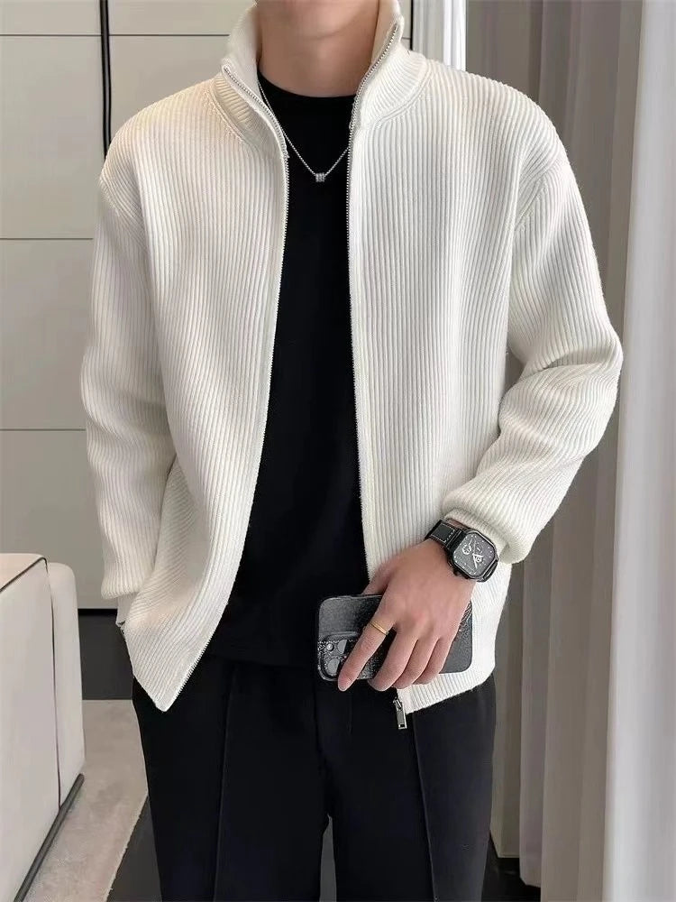 Men's Premium Knit Zip-Up Sweater - Thickened Warm Long Sleeve Pullover with Stand Collar, Autumn Winter Casual Outerwear