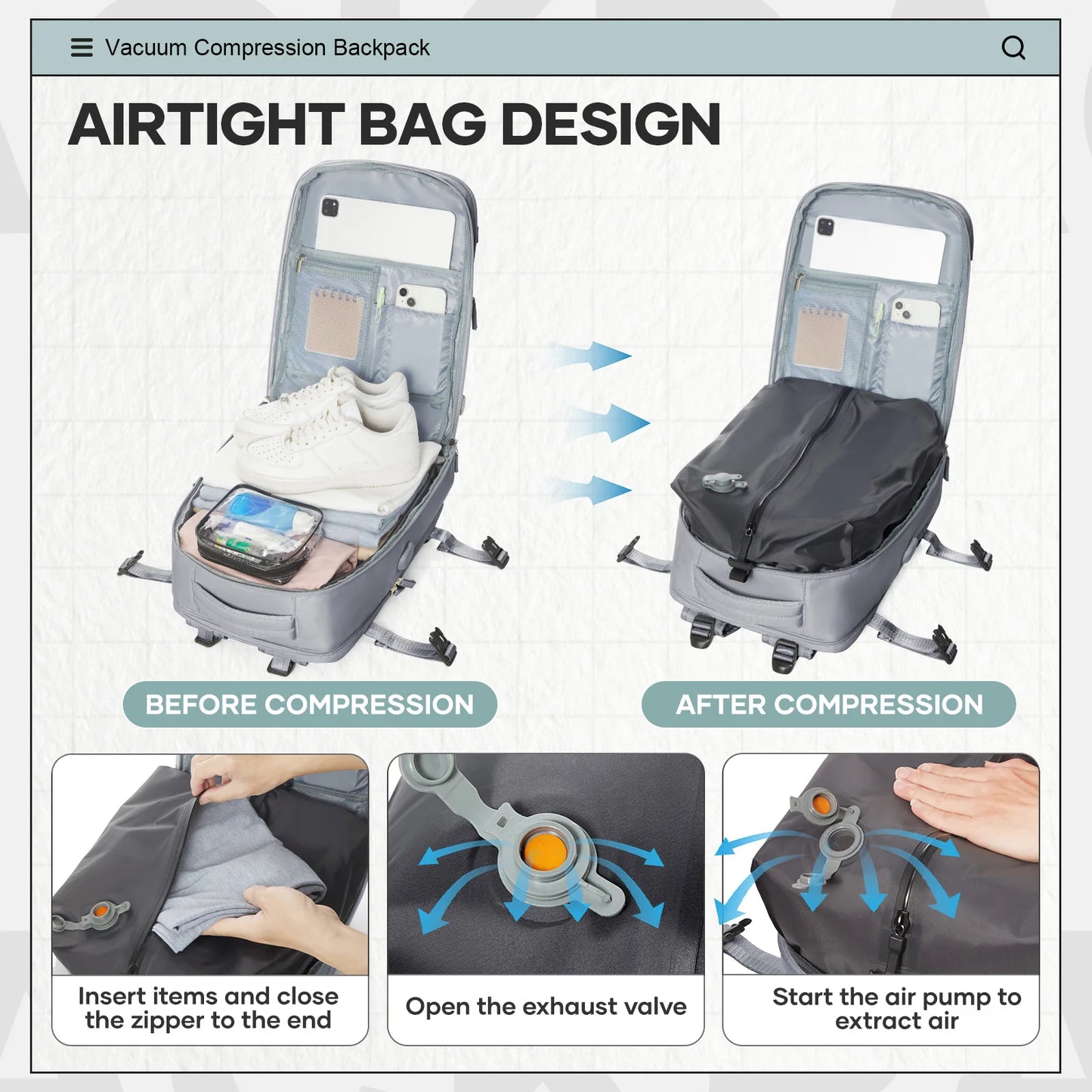 Large Vacuum Travel Backpack with Pump for Women Men, Personal Effects Carry-on Luggage Backpack 47x33x20cm,   Laptop School Bag