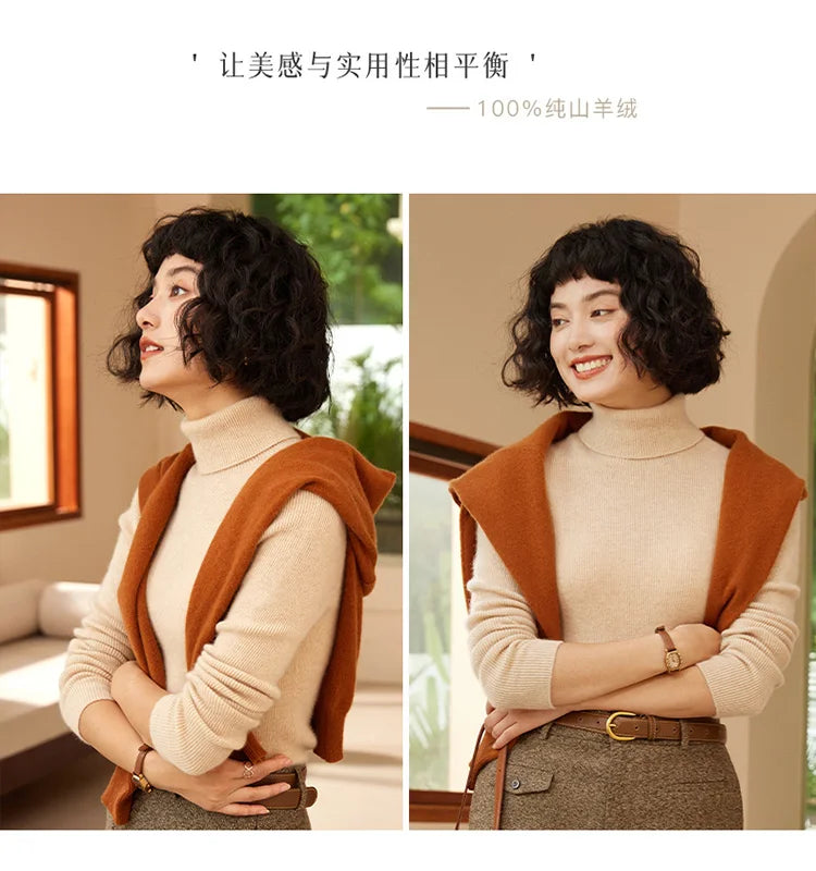Autumn and Winter New Women's Sweater 100% Pure Cashmere High Collar Hoodie Knitted Basic Style Hot Selling Women's Top