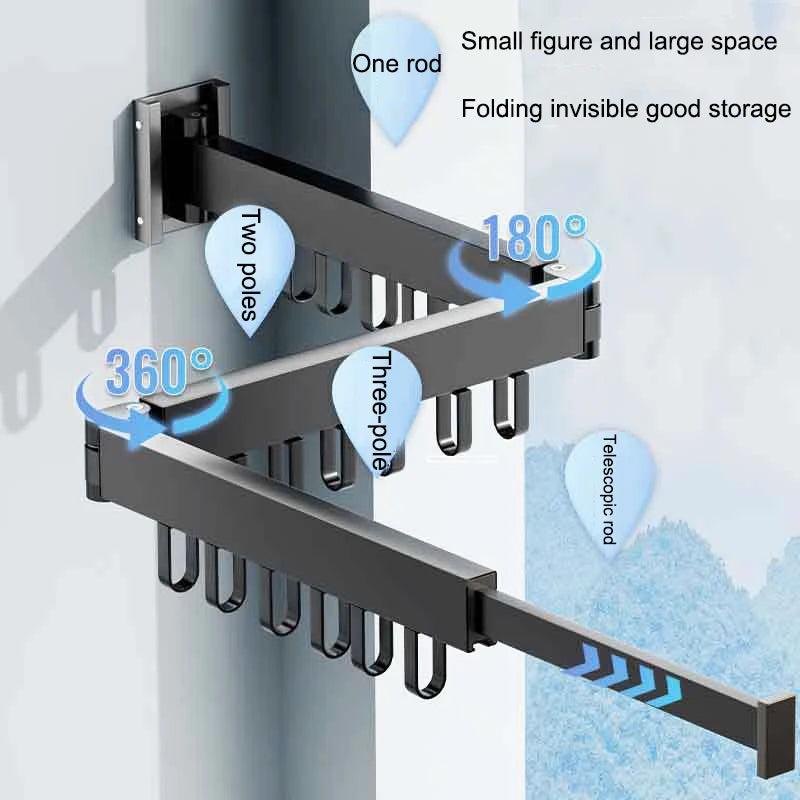 Wall Mount Folding Clothes Drying Rack With Retractable Extension Pole Reusable 3-Fold Clothes Drying Rack Home Space Saver