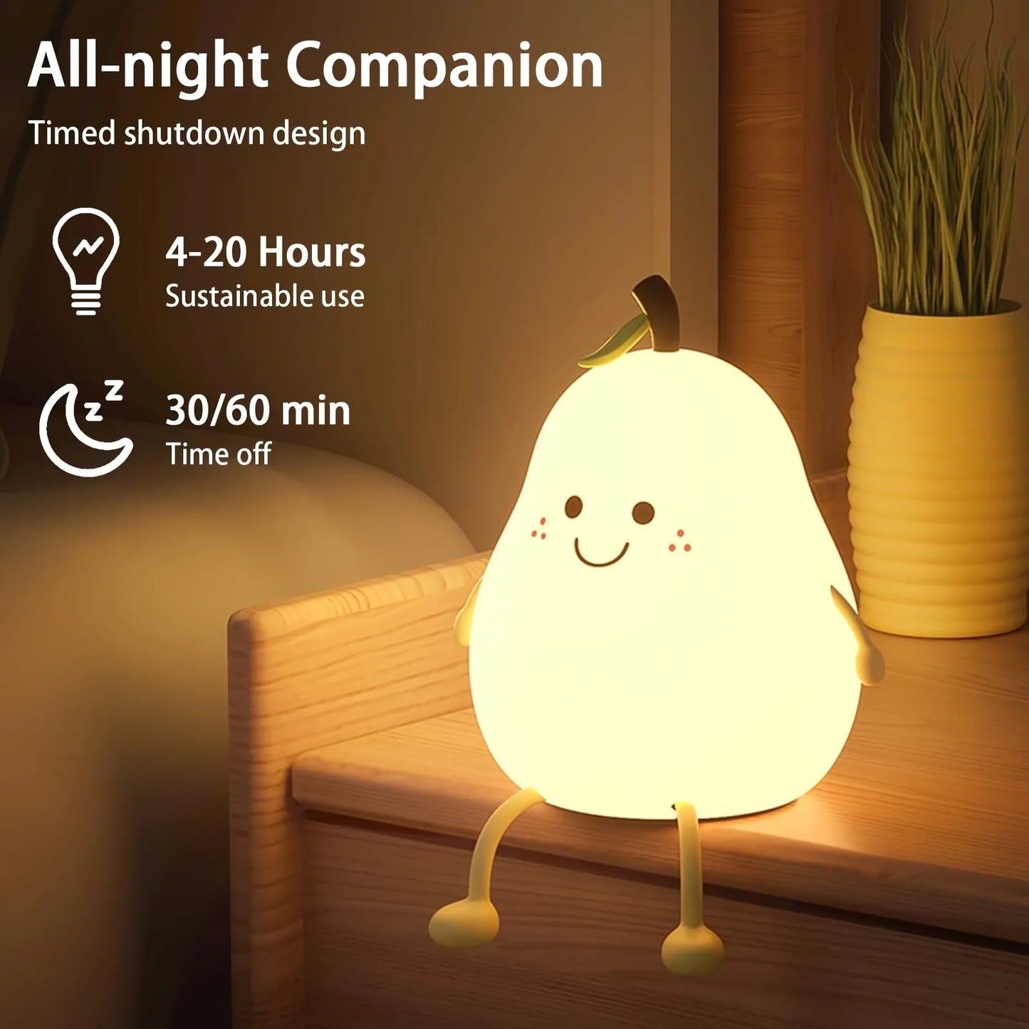 1pc Cute Pear Night Light 7-Color Dimmable Touch-Controlled Night Light Silicone Stress Reducing Pat Lamp USB Rechargeable