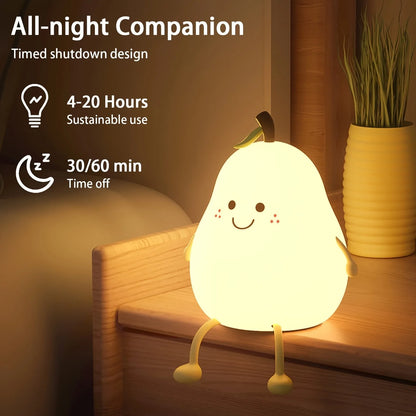 1pc Cute Pear Night Light 7-Color Dimmable Touch-Controlled Night Light Silicone Stress Reducing Pat Lamp USB Rechargeable