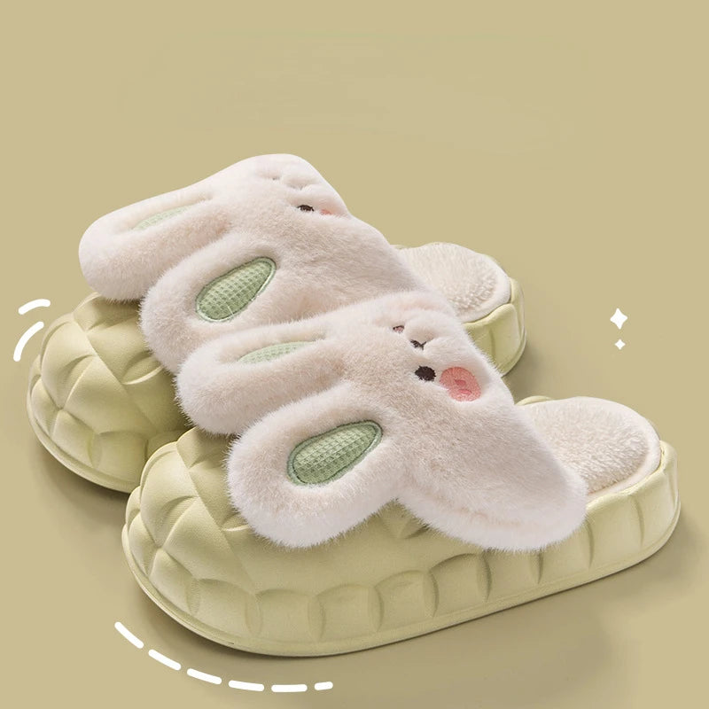Mo Dou 2022 Winter Warm Women Slippers Waterproof Vamp Cute Rabbit Bear Decoration Indoor Outdoor Shoes Soft Plush Men Slippers