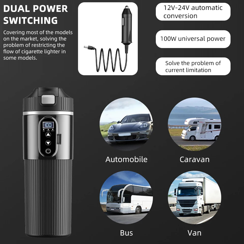 12V/24V 500ML Electric Heating Cup Kettle 304Stainless Steel Water Heater Bottle Auto Shut Off Fast Boiling Cup For Travel Car
