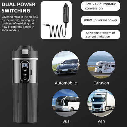 12V/24V 500ML Electric Heating Cup Kettle 304Stainless Steel Water Heater Bottle Auto Shut Off Fast Boiling Cup For Travel Car