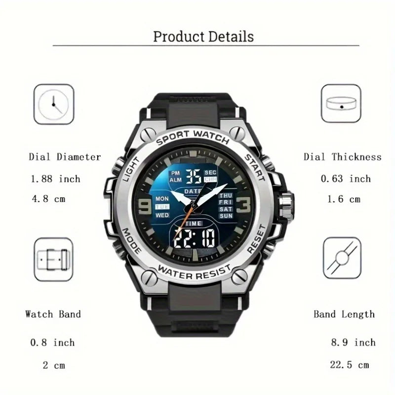 Men's digital sports watch alarm clock, timing, date function, alloy case - perfect for outdoor activities