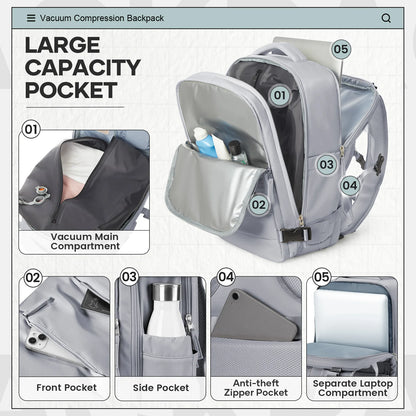 Large Vacuum Travel Backpack with Pump for Women Men, Personal Effects Carry-on Luggage Backpack 47x33x20cm,   Laptop School Bag