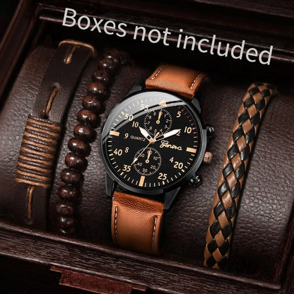 5PCS/4PCS Fashion Casual Men's Leather Strap Quartz Watch with Bracelet Set（Box not Included）