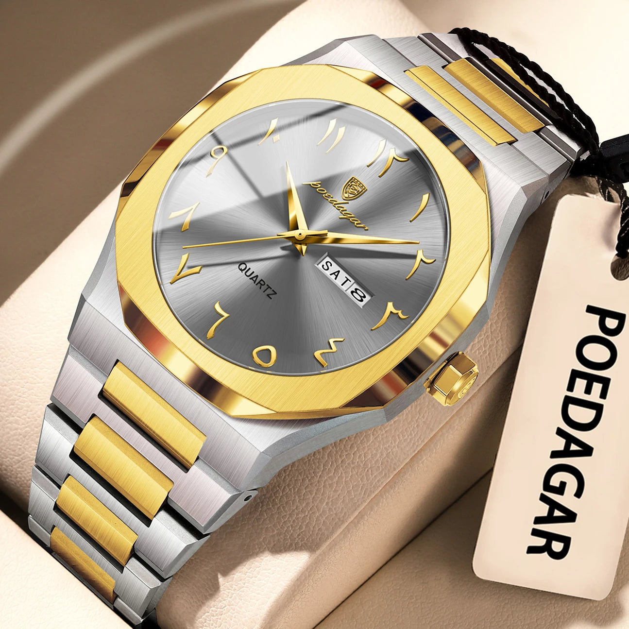 POEDAGAR Fashion High Quality Men Clock Date Week Waterproof Watch For Man Quartz Stainless Steel Luxury Men's Watches Reloj+Box