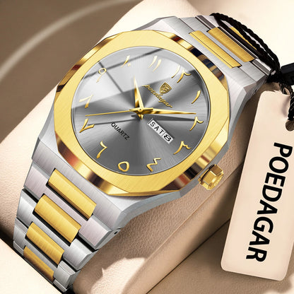 POEDAGAR Fashion High Quality Men Clock Date Week Waterproof Watch For Man Quartz Stainless Steel Luxury Men's Watches Reloj+Box