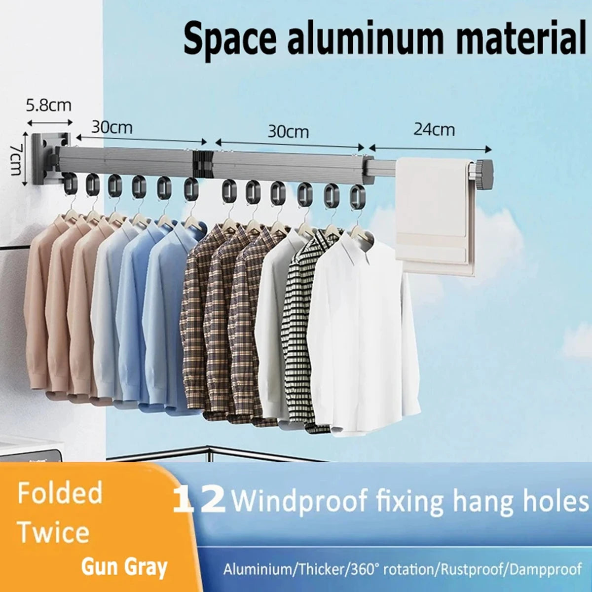 Wall Mount Folding Clothes Drying Rack With Retractable Extension Pole Reusable 3-Fold Clothes Drying Rack Home Space Saver
