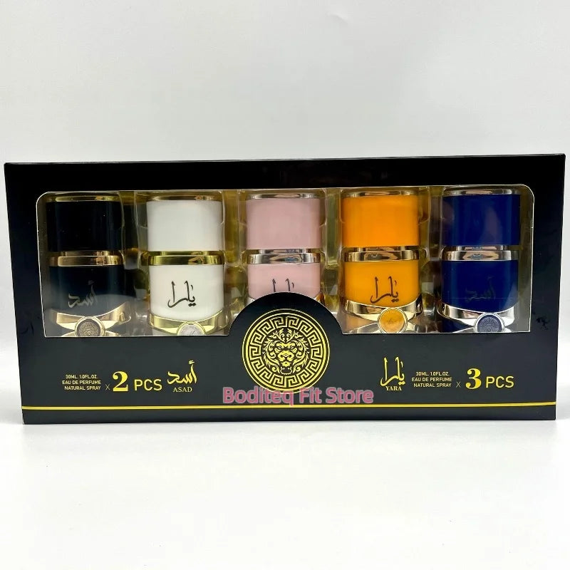 Lattafa Perfume Set 5x30ml - Arabian Luxury Fragrance Collection, Includes ASAD & Yara, Best Seller Gift Box for Women and Men