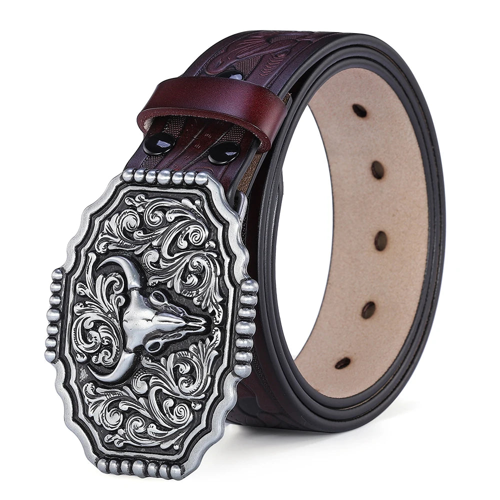 Western Leather Belt for Men & Women – Genuine Leather Cowboy/Cowgirl Belt with Big Letter Buckle, Gold | Black & Brown