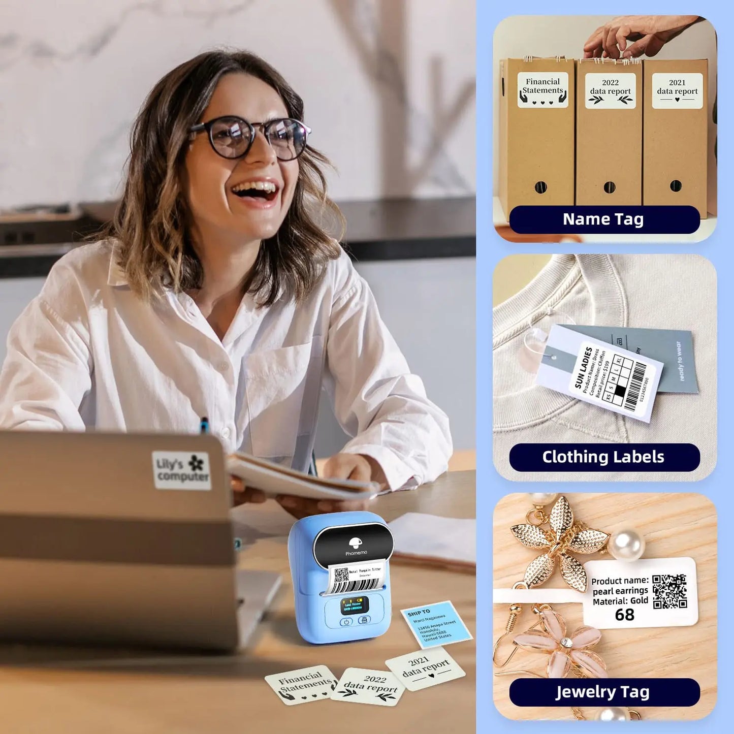 Phomemo M110 Label Makers Barcode Label Printer Bluetooth Portable Thermal Printer for Small Business Address Logo Clothing